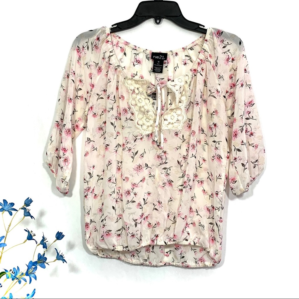 Rue 21 Women's Cream Pink Floral Lace Elbow Sleeve Sheer Blouse - NWT